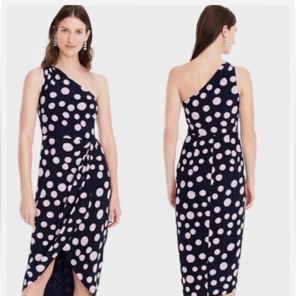 J. Crew One-Shoulder Navy Purple Polka Dot Midi Dress size 0